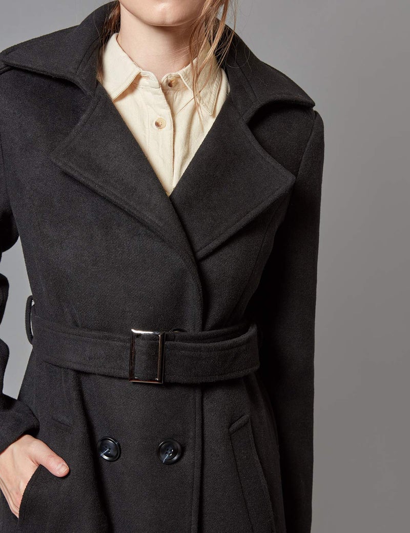 Escalier Womens Wool Coat Double Breasted Pea Coat Winter Long Trench Coat with Belt Black M - Image 4